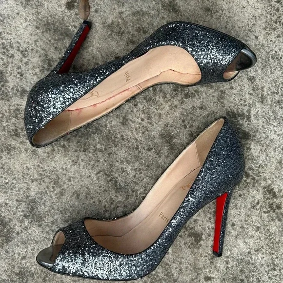 Christian Louboutin Metallic Grey Glitter Very Prive Peep Toe Pumps, Size 38.5 - Picture 9 of 16